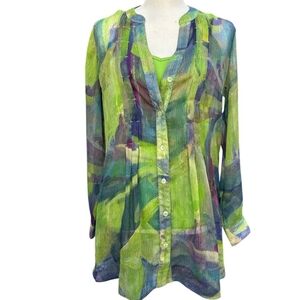 Soft Surroundings Green and Purple Button-Down V- Nk Shirt / Tank Included Vacay